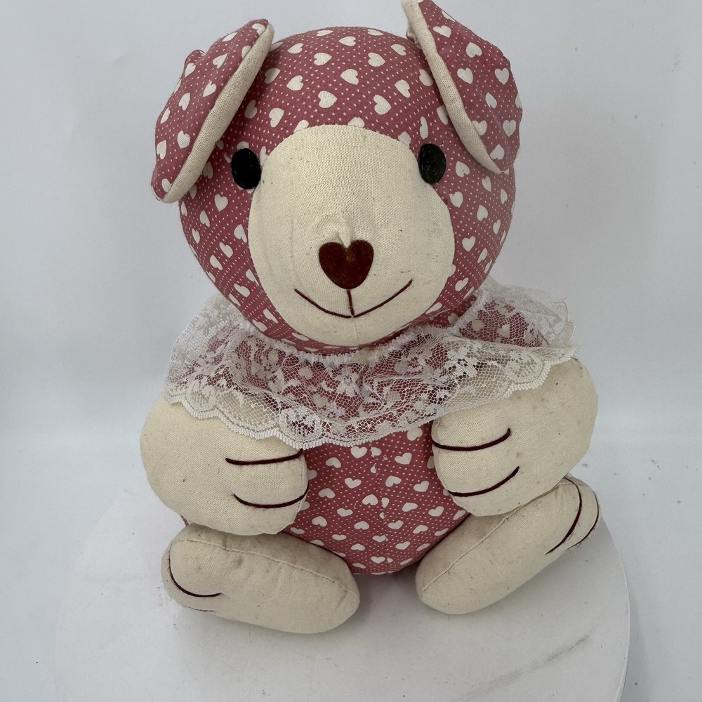Vintage Cloth Teddy Bear Heart Print Lace Collar 10" Country Primitive Decor